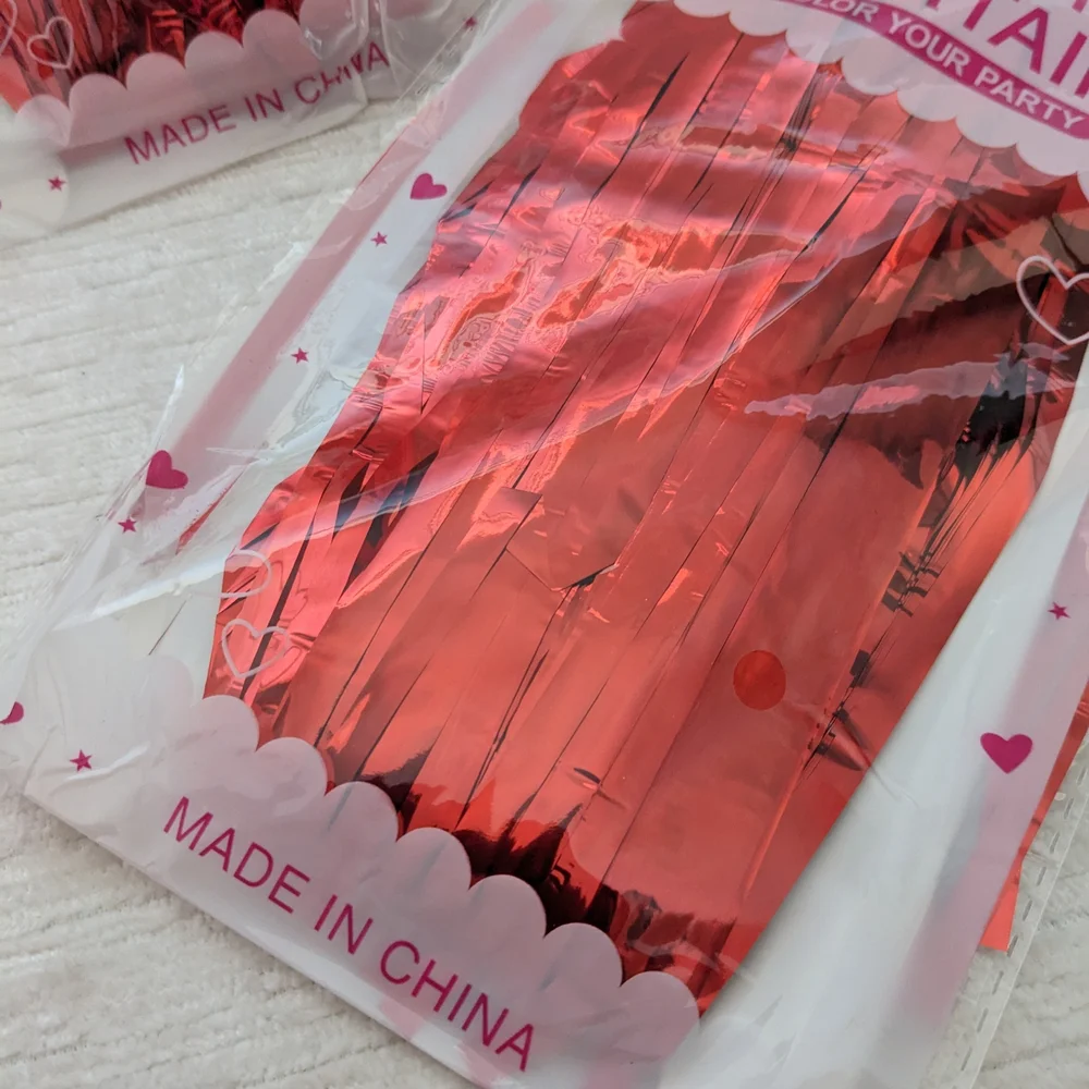 Red Foil Fringe Curtains Set Of Two, Each Is Roughly 3 Ft Wide And 6.5 Ft Long
